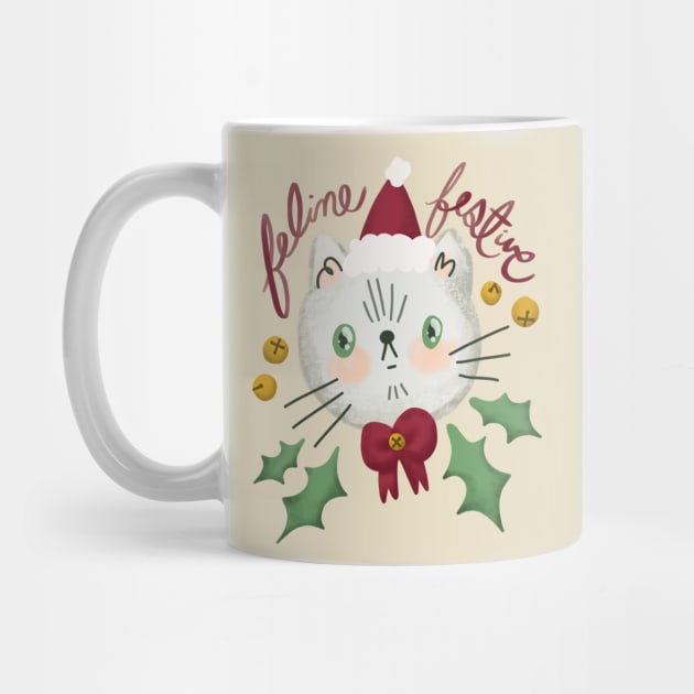 Feline Festive - Christmas cat illustration with bells and holly by KodiakMilly